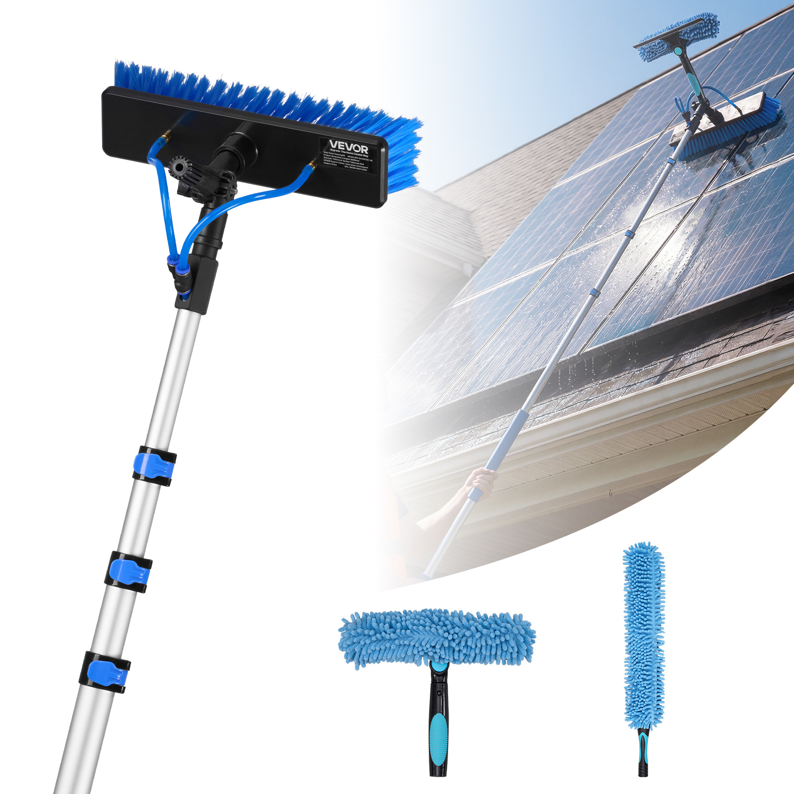 Image of Vevor Solar Panel Cleaning Kit, 6.06 M, Water Fed Pole Kit With Cleaning Brush, Soap Dispenser, Extendable Aluminum Telescopic Pole, 180° Rotatable Brush Head, For Roof Mounted Solar Panels, Windows