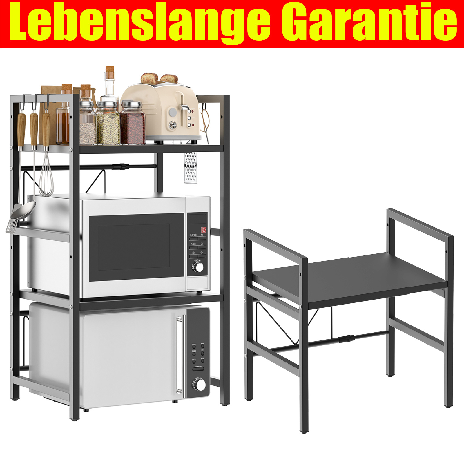 Expandable Microwave Shelf Stand With 6 Hooks, Length/height Adjustable Microwave Oven Rack, Free Standing Kitchen Countertop Shelf, Baker Rack, Space- Kitchen Organizer