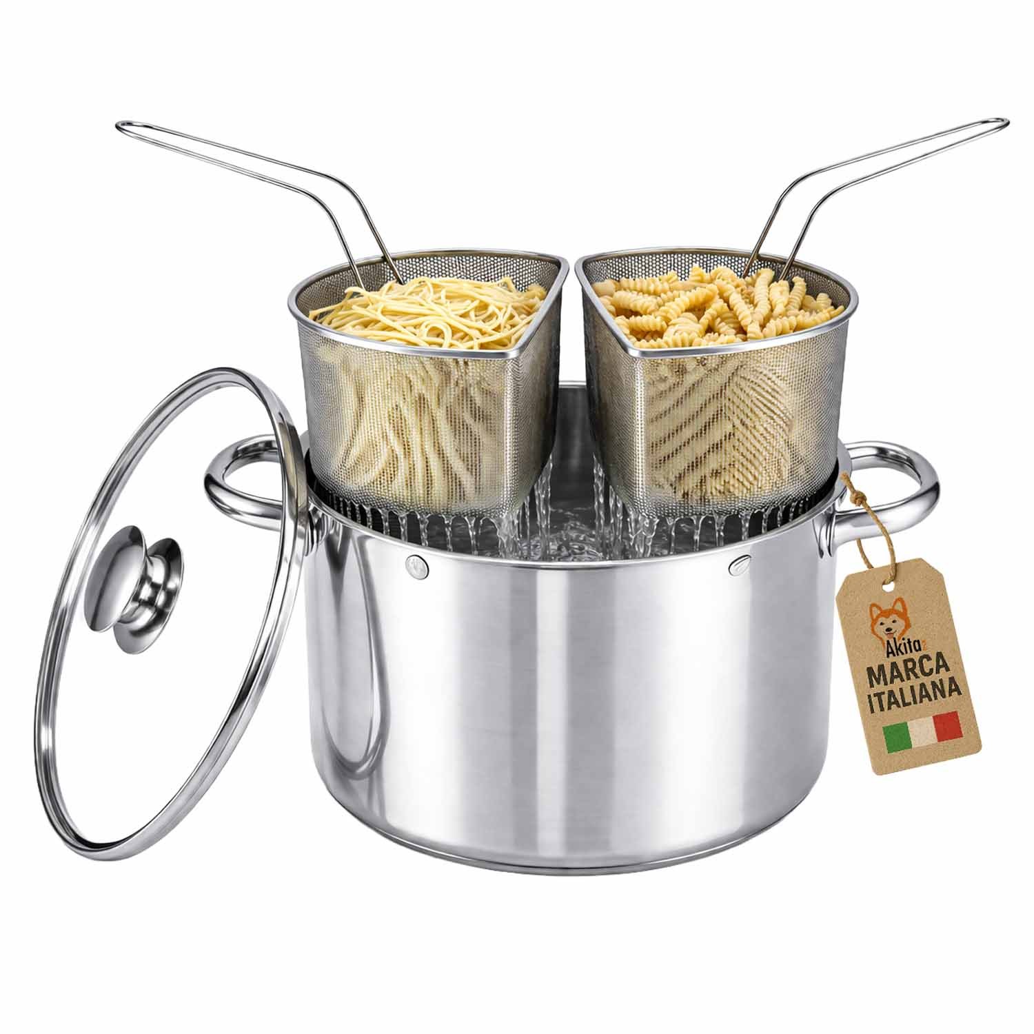 Akita Ink Stainless Steel 24 Cm Bollipasta With 2 Baskets And Glass Lid, Pasta Pot With Integrated Colander, Resistant And Practical, Induction Compatible
