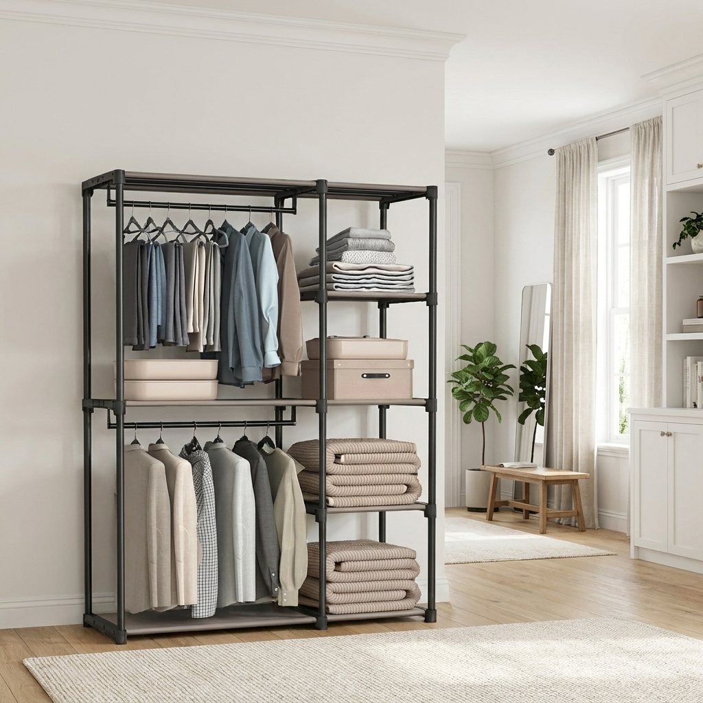 Image of Open Clothes Rack In Taupe With 2 Hanging Areas, Of Hang Clothes. Suitable For Bedroom Or Living Room.