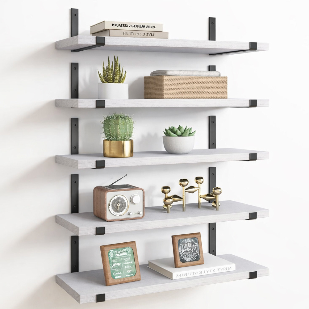 TEMU BAKAJI Set 5 Mensole da Parete in Legno con Staffe in Metallo, Scaffali da Muro Resistenti, Scaffalatura Organizer Salvaspazio Design Minimal e