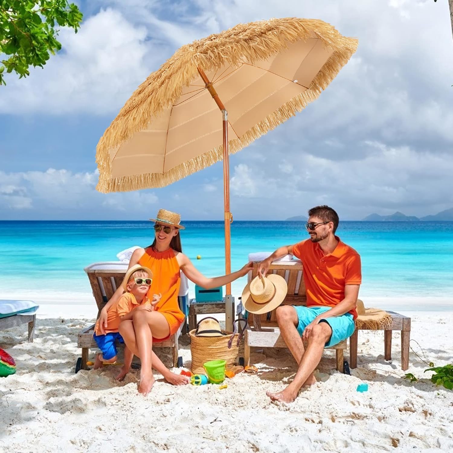 Image of 2m Hawaiian Thatched Patio Umbrella, Tropical Beach Umbrella With Tilt Adjustment, Portable Table Umbrella For Outdoor Bar, Backyard Garden Poolside