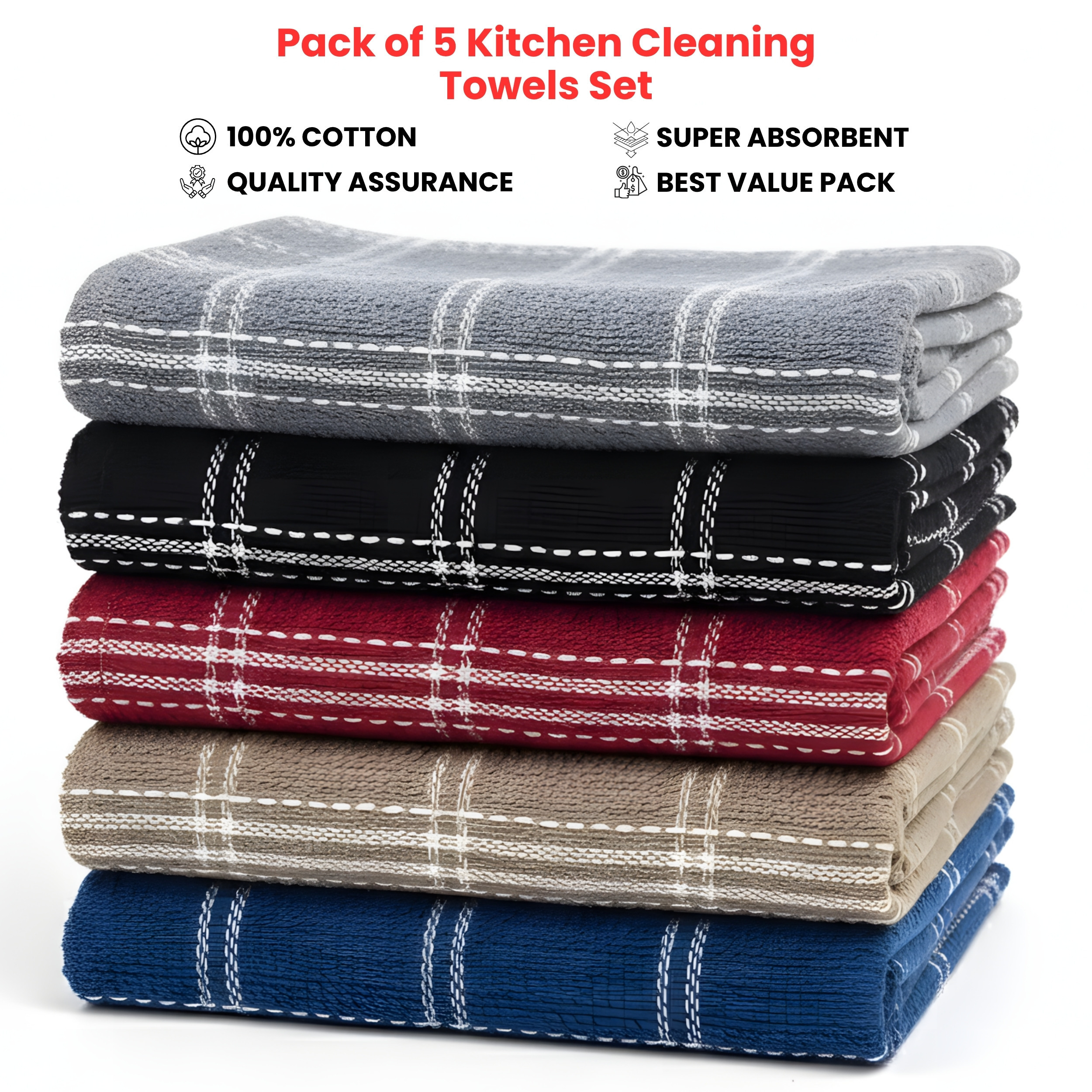 TEMU Tea Towels Large 60 X 40cm Pack Of 5 Kitchen Towels Set Cleaning Towel 100% Cotton Terry Towelling Soft Absorbent Lint Free Kitchen Cloth Dish