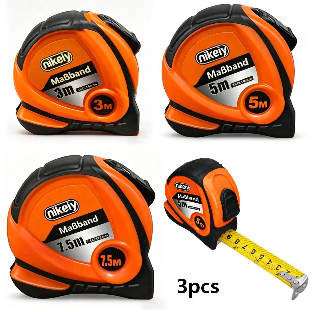 Image of Pack Of 3 Measuring Tape Set, With Each Of Lengths: 3 Meters, 5 Meters, And 7.5 Meters. In Imperial And Metric Units, Is Durable, And Reliable.