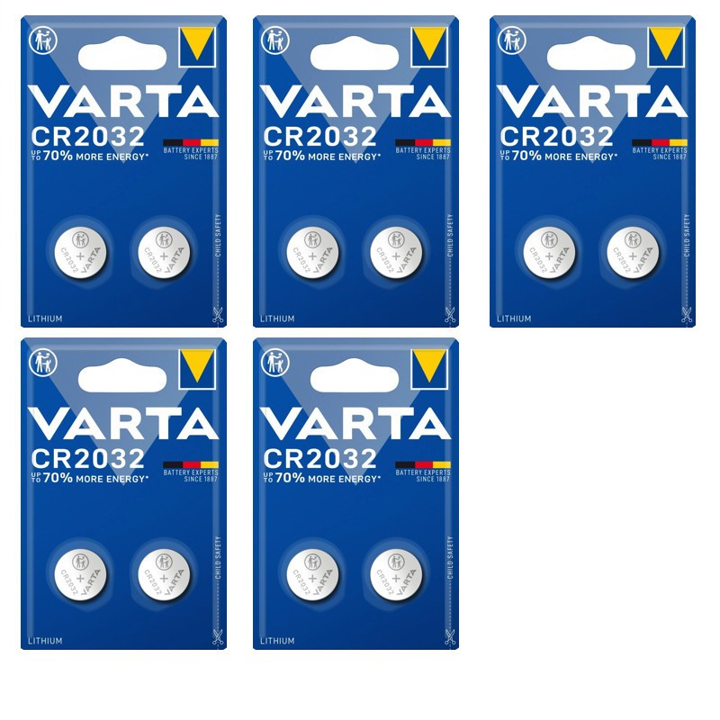 TEMU CR2032 Lithium 3V 230mAh Varta 10 Pile Bouton (Lot de 5 plaquettes – 2 piles par plaquette) - pour cle de voiture, pèse personne ect