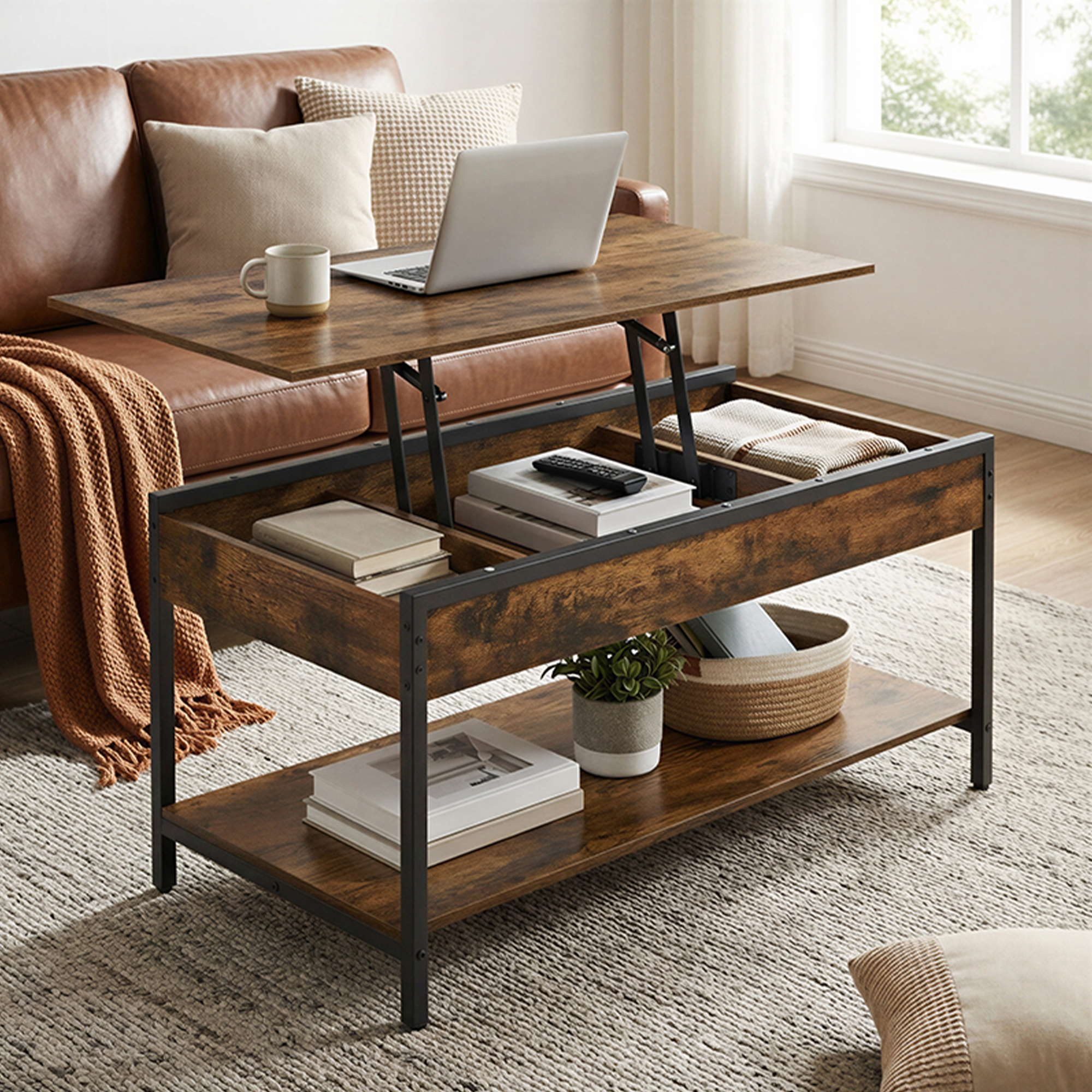 TEMU Table de Café avec Plateau Relevable, Rangement et Ouvert, Meuble de Salon, 100 x 50 cm, beige