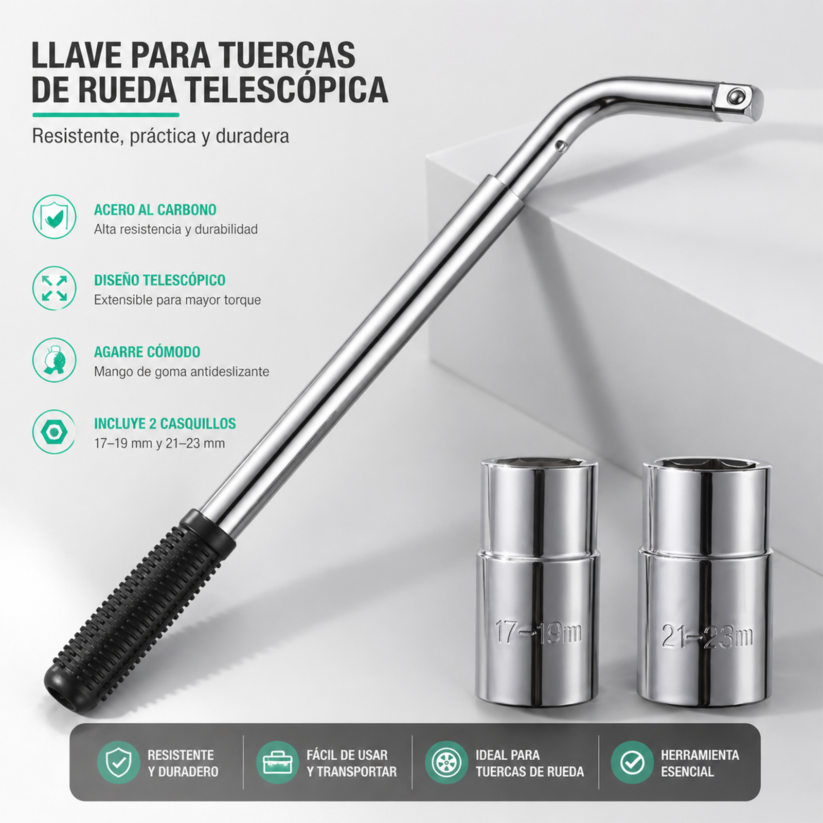TEMU Llave Telescópica para Tuercas de Rueda 335-530 mm, Compatible con Tuercas de Coche, 2 Vasos Dobles 17/19 mm y 21/23 mm, Mango Antideslizante,