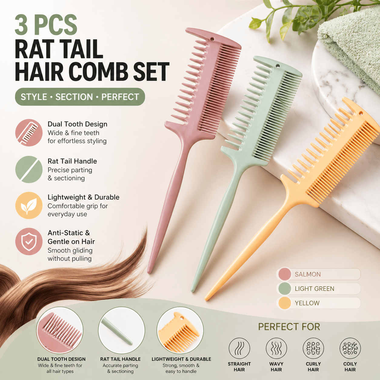 TEMU Hair Combs-set Of 3 -double Sided Styling Comb-3 Colour Combs For Long Wet Thick Curly Hair -strong And Durable Rat Tail Comb Hair Detangler-