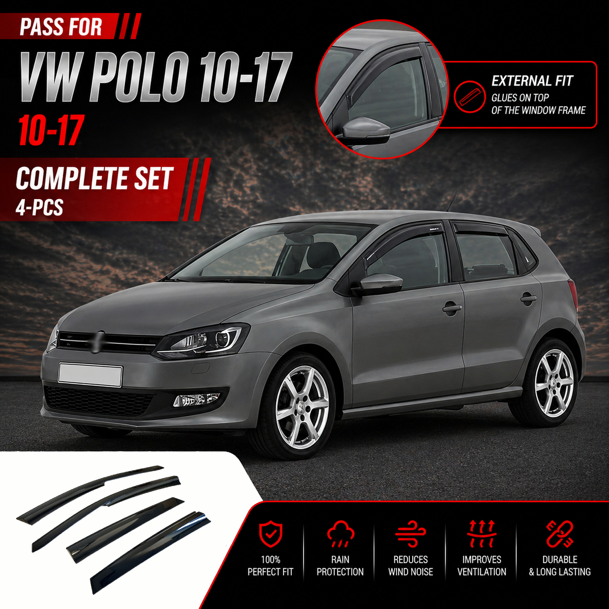 Image of Wind Deflectors For Vw 2010 – 2017, Air Deflectors, Rain Deflectors, Car Window Rain Guards, Adhesive Deflectors, 4 Pieces, External Fit For Vw 2010 2011 2012 2013 2014 2015 2016 2017