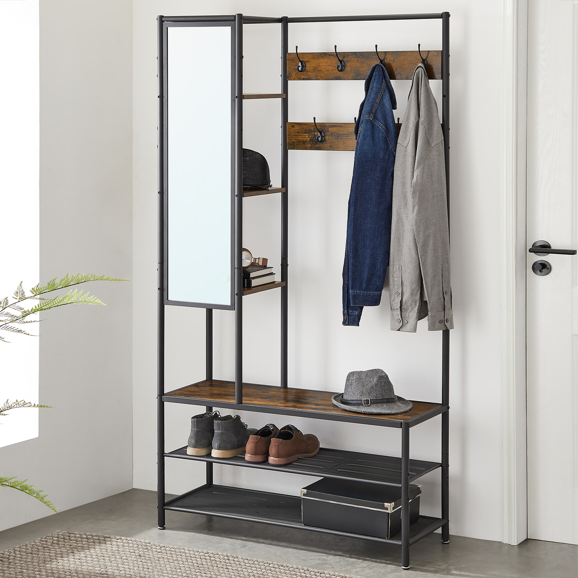Image of Wardrobe Stands With Mirror, . Bench And Shoe Rack, Clothes Stand, 7 Hooks, 4 Shelf Levels, Construction, Tilt Protection, Brown-black