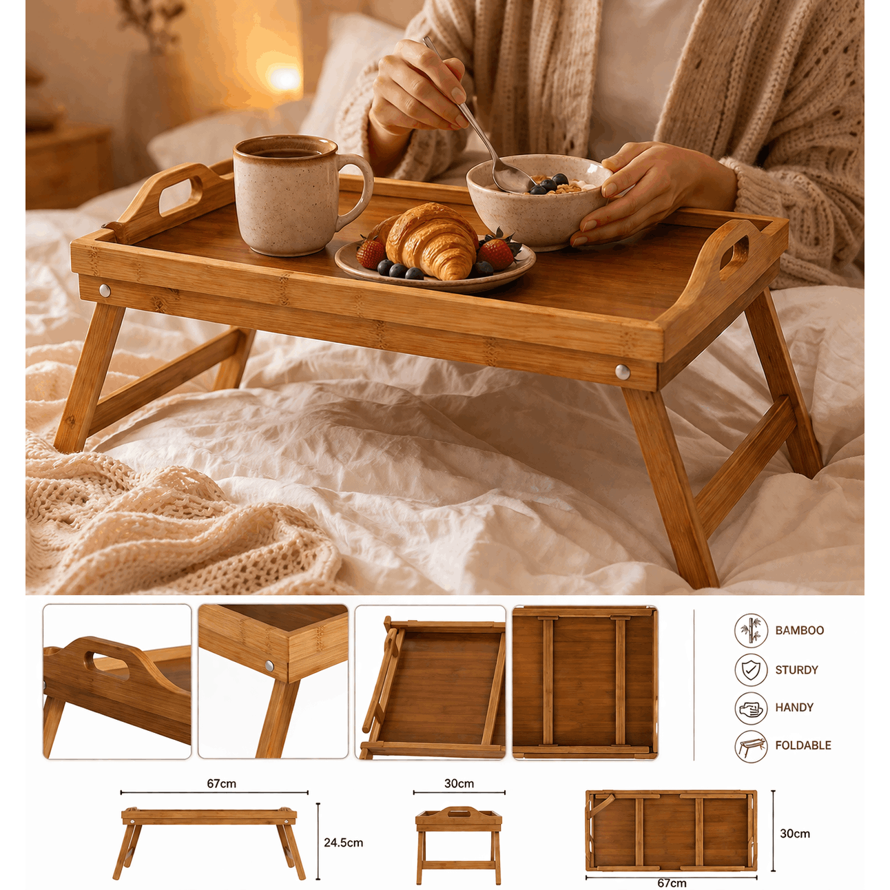 TEMU Table de lit pliable en bambou – Plateau , avec poignées, pieds rabattables, multifonction