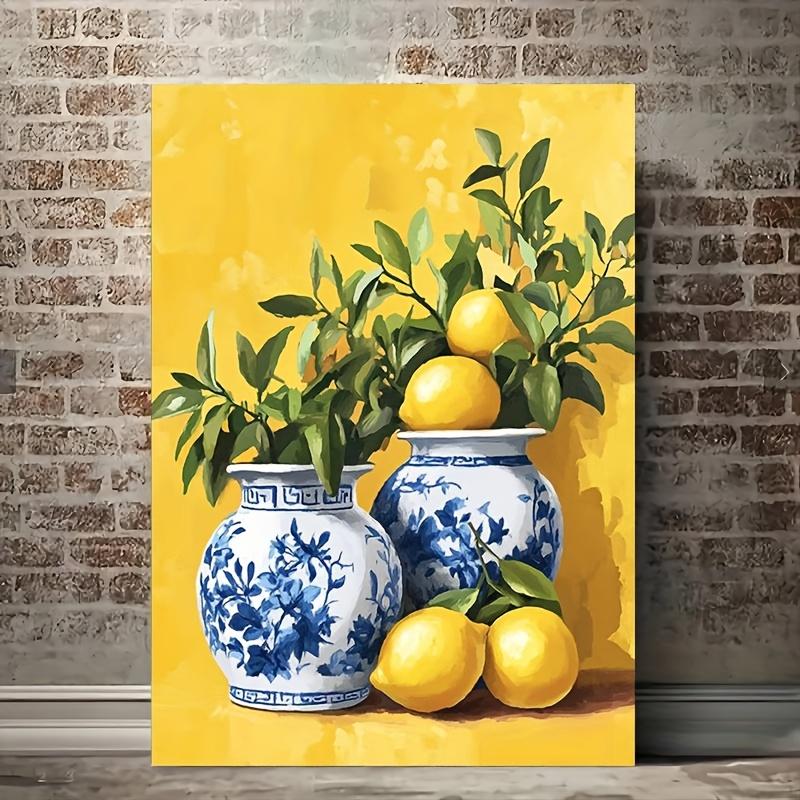 TEMU 1 Piece Of Wooden Frame White Porcelain Jar Lemon Wall Painting - Style Indoor And Outdoor Vertical Wall Decoration, Suitable For Living Rooms,