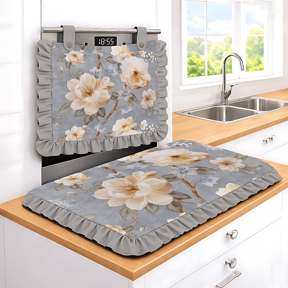 TEMU Set cucina 2pz Copriforno + Coprifornello con voilant imbottito per sala da Disegno