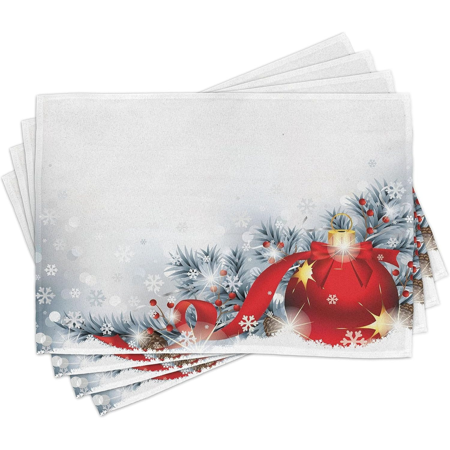 Image of Christmas Placemats, Snow Globes, Washable Fabric Dining Kitchen Table Decorations , White Red