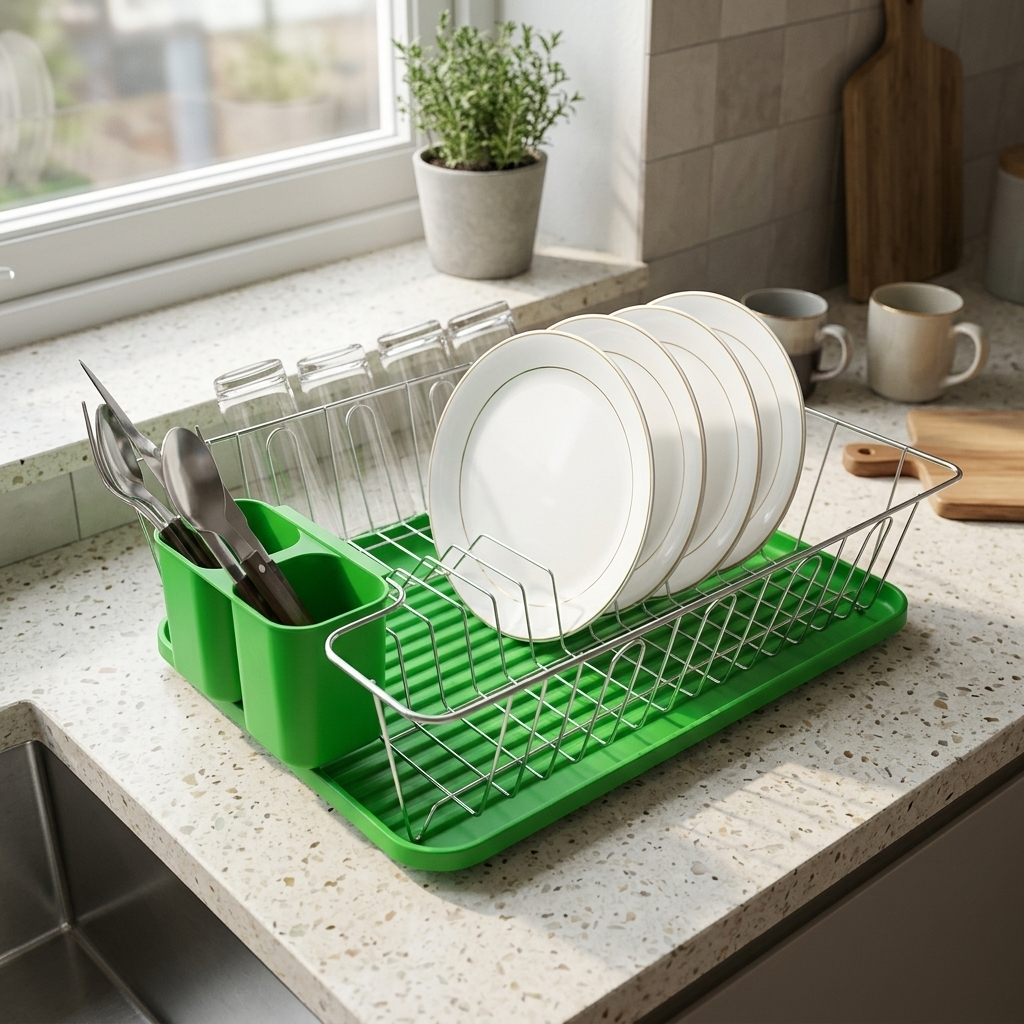 TEMU Escurreplatos de Cocina con Bandeja de Goteo y Soporte para Cubiertos, Rejilla Secaplatos Metálica para Organizar Platos, Vasos y Utensilios,