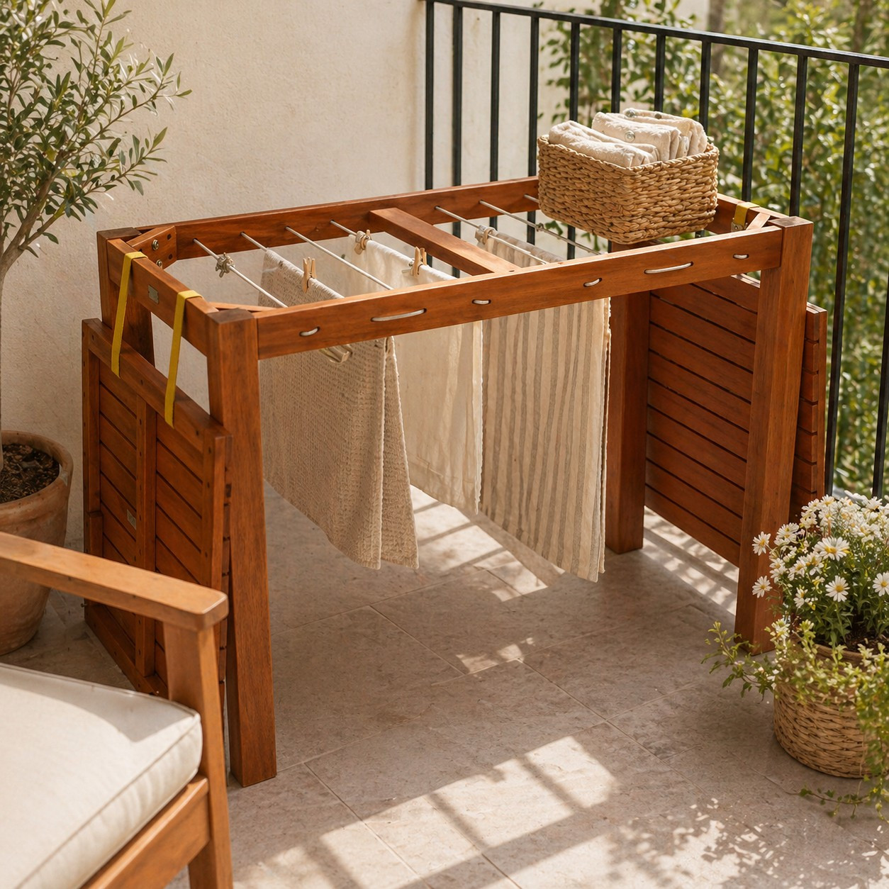 Image of Functional Garden Table With Clothes Drying Rack, 100x60cm, Eucalyptus