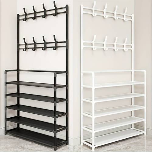 2026 high quality metal frame practical household multi functional shoe and hat rack with heel protectors and cup storage large capacity space saving shoe and hat rack suitable for living room entryway and hooks 5 tier storage space metal and plastic