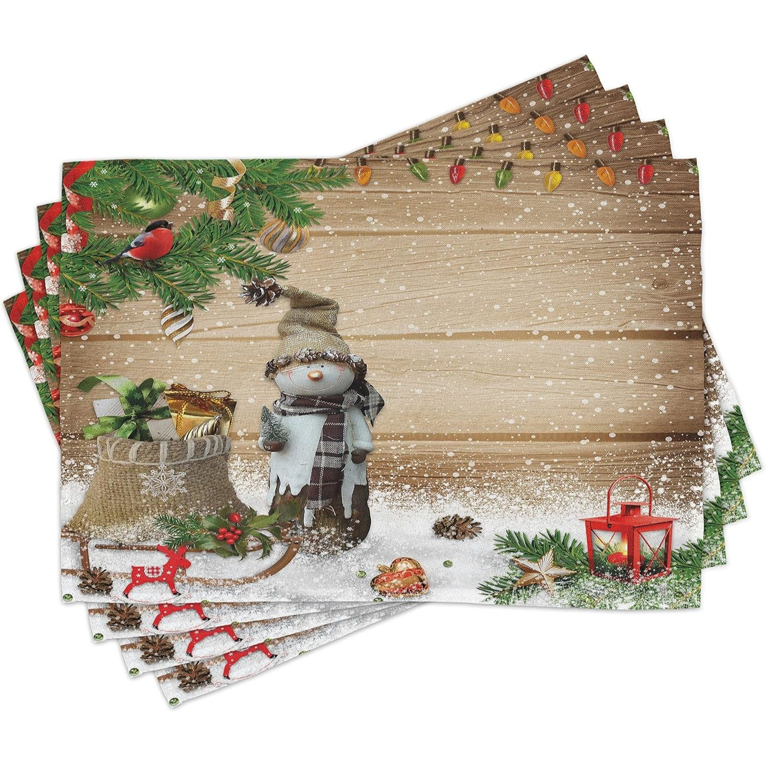 Image of Christmas Placemats, Snowman In The Garden, Washable Fabric Dining Kitchen Table Decorations , Multicolor