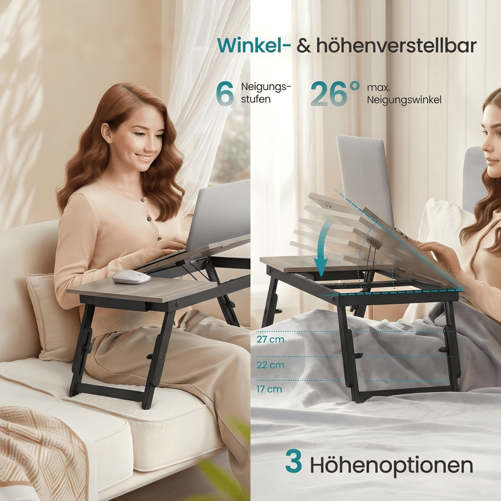 Laptop Stands, Breakfast Tray, Foldable Legs, For Bed And Sofa, Height Adjustable, For Up To 15.6 Inch Laptops, Grey-beige