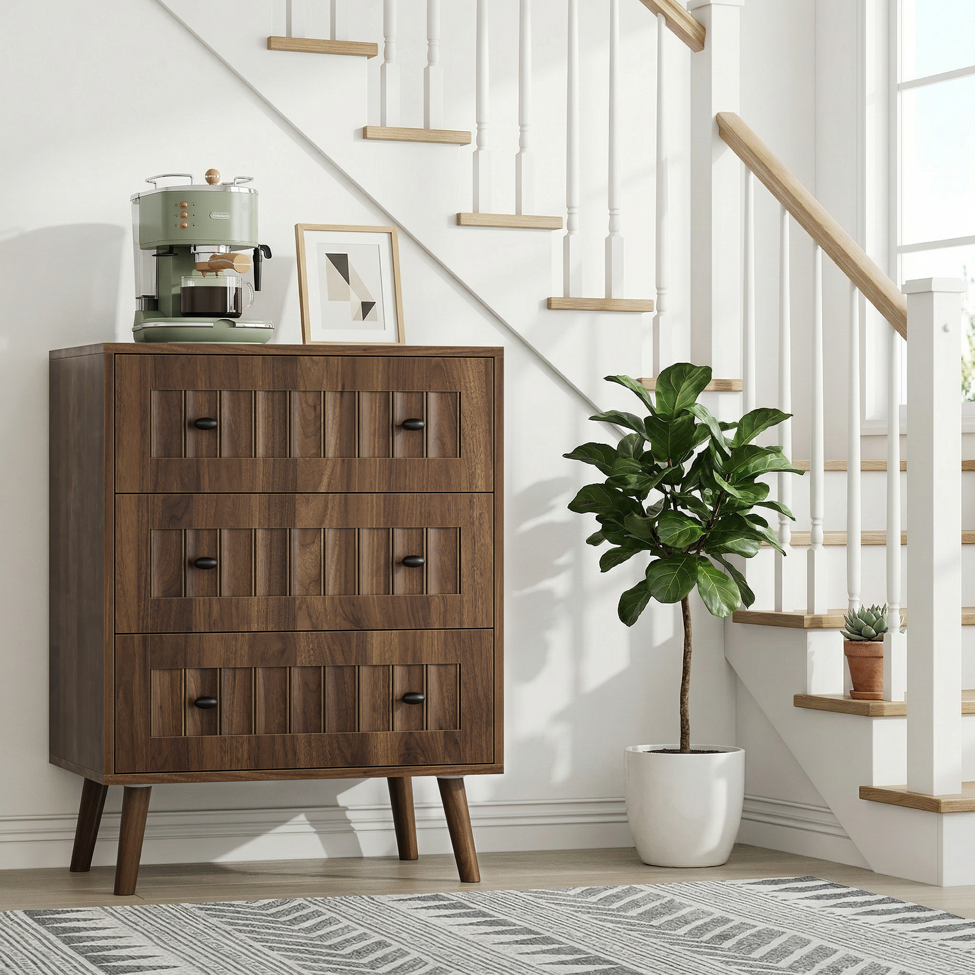 Dresser With 3 Drawers In Walnut Optics, Retro Design With Slats, Stable Made Of Solid Wood Legs, For Bedroom & Living Room