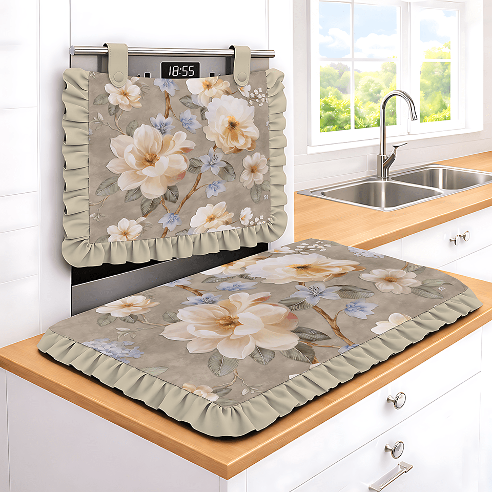 TEMU Set cucina 2pz Copriforno + Coprifornello con voilant imbottito per sala da Disegno