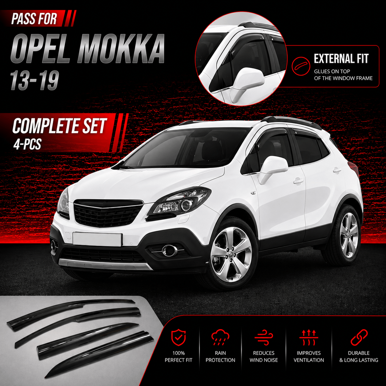 Image of Wind Deflectors For Mokka 2013 – 2019, Air Deflectors, Rain Deflectors, Car Window Rain Guards, Adhesive Deflectors, 4 Pieces, External Fit For Mokka 2013 2014 2015 2016 2017 2018 2019