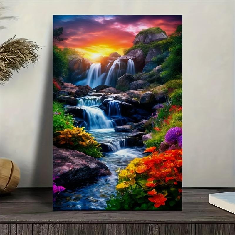 TEMU 1 Piece Of Canvas Wall Art For Sunset Waterfall And Flower Paradise - Traditional And Handmade Oil Painting Printing, Retro Wooden Frame, Bright