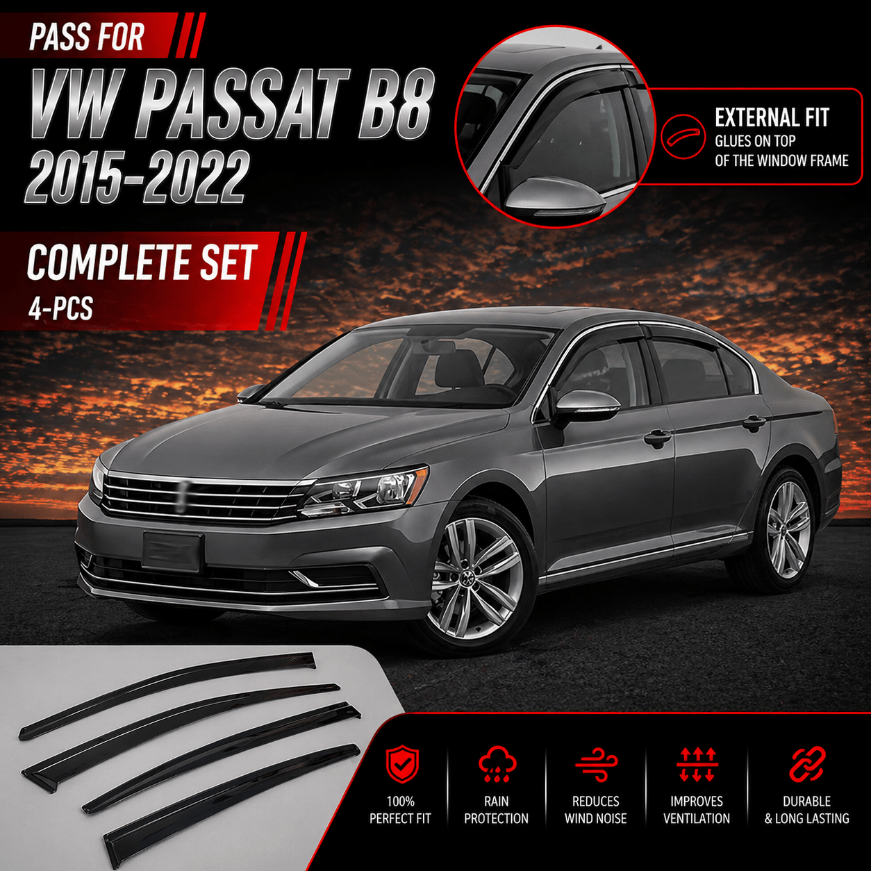 Image of Wind Deflectors For Vw Type B8 2015 – 2022, Air Deflectors, Rain Deflectors, Car Window Rain Guards, Adhesive Deflectors, 4 Pieces, External Fit For Vw Type B8 2015 2016 2017 2018 2019 2020 2021 2022