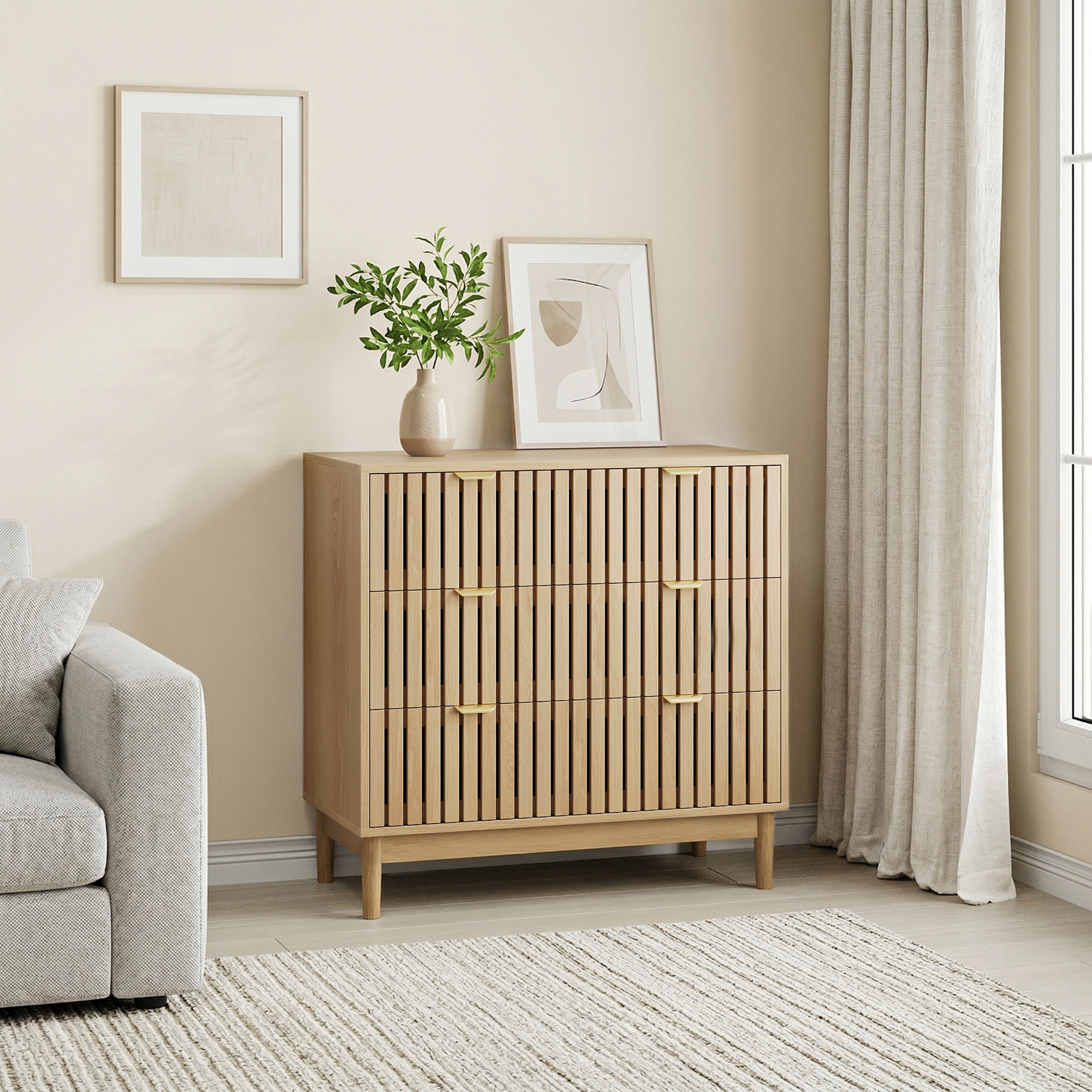 Image of Dresser With 3 Drawers, Scandinavian Wood Optic, Louvered Design, Stable Made Of Solid Wood Legs, For Bedroom & Living Room