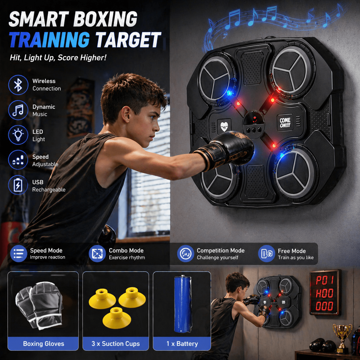 interactive boxing   training system   board music boxing   dynamic led light adjustable speed durable abs material indoor exercise coordination