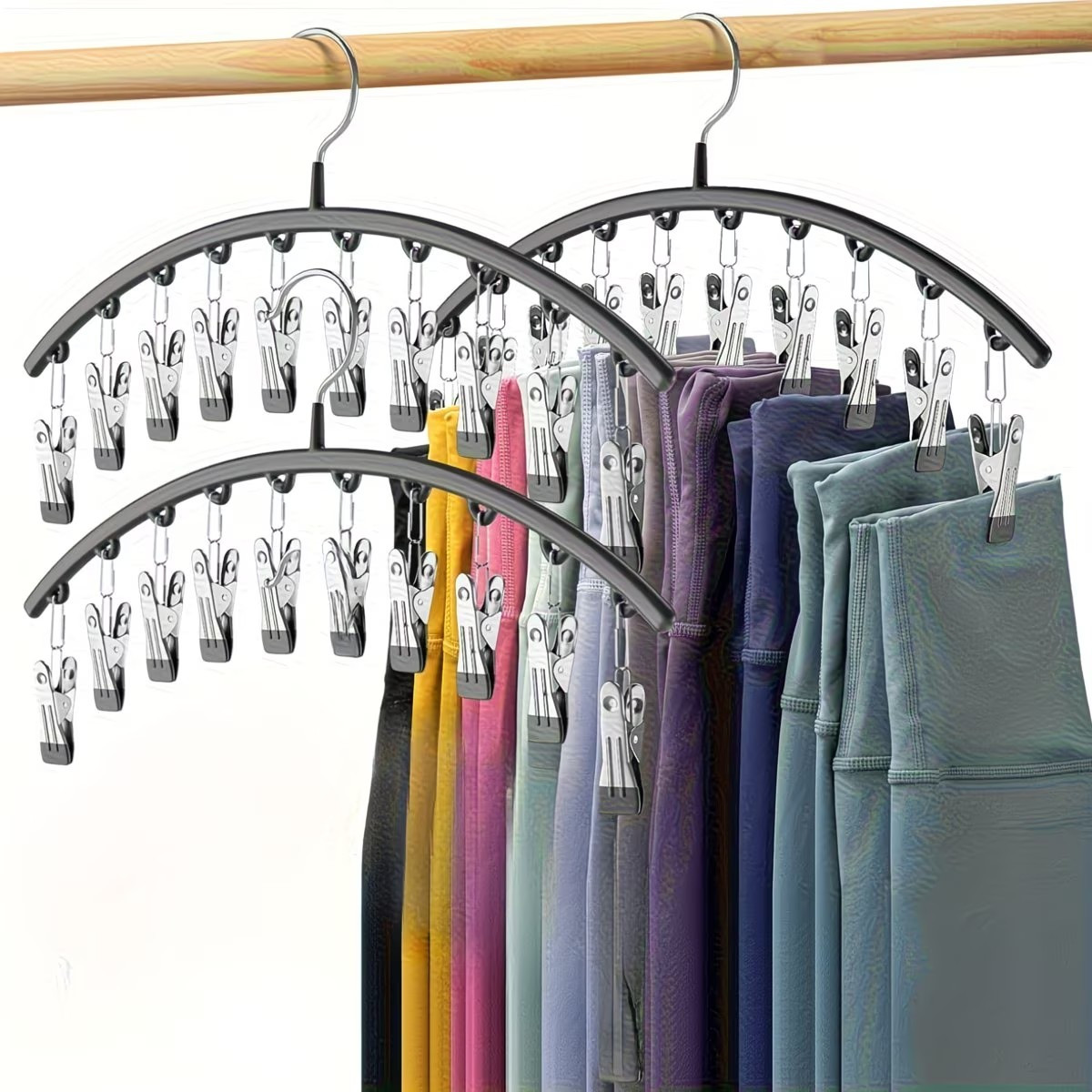 TEMU 2pcs Trouser Hanger With 10 Non-slip Clips, Heavy Duty Space-saving Wardrobe Organizer For Jeans, Leggings, Skirts, Hats & Shirts — Durable