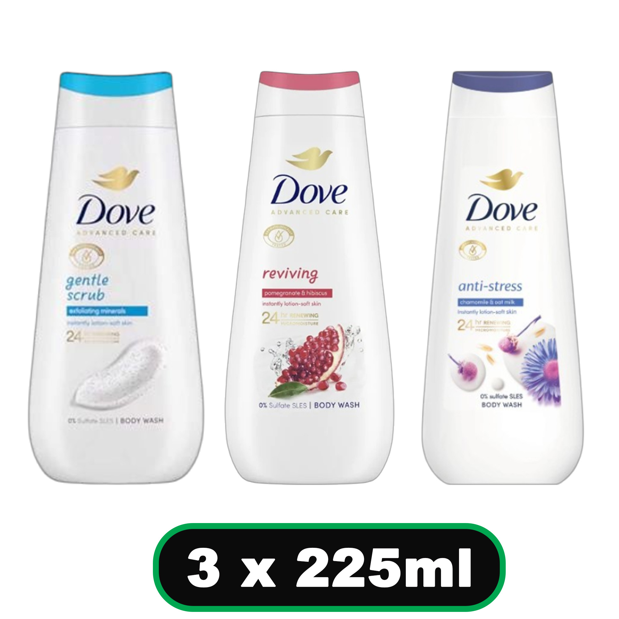 TEMU Dove Body Wash 225ml – 3 Pack (gentle Scrub, , Anti-stress)