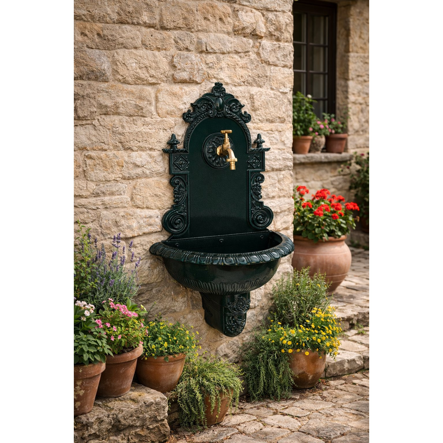 Wall Fountain Made Of Aluminum With Water Tap, Dark Green