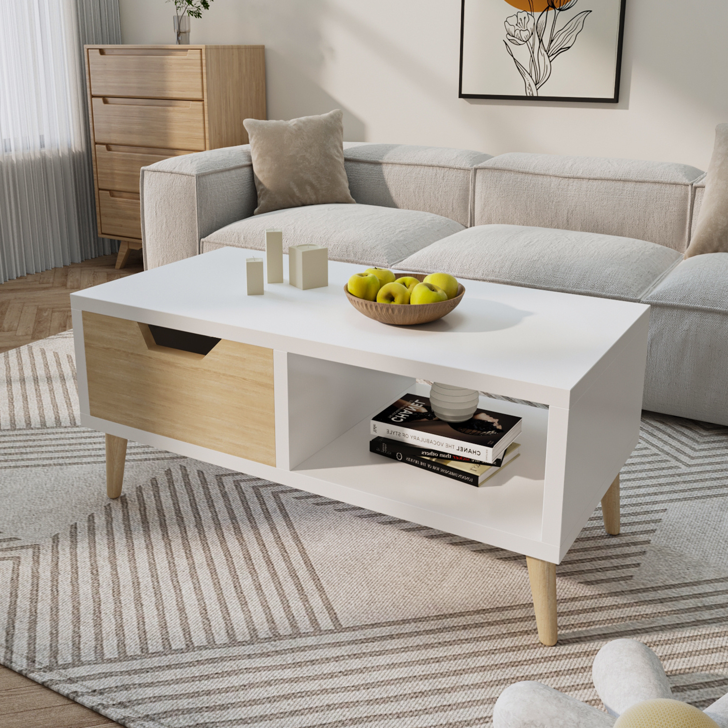 Image of Daynee Coffee Table With Storage, Living Room Table With Drawer And Compartment, Wood Coffee Table For Living Room, White And Natural Wood Accent Table For Home Office, Bedroom