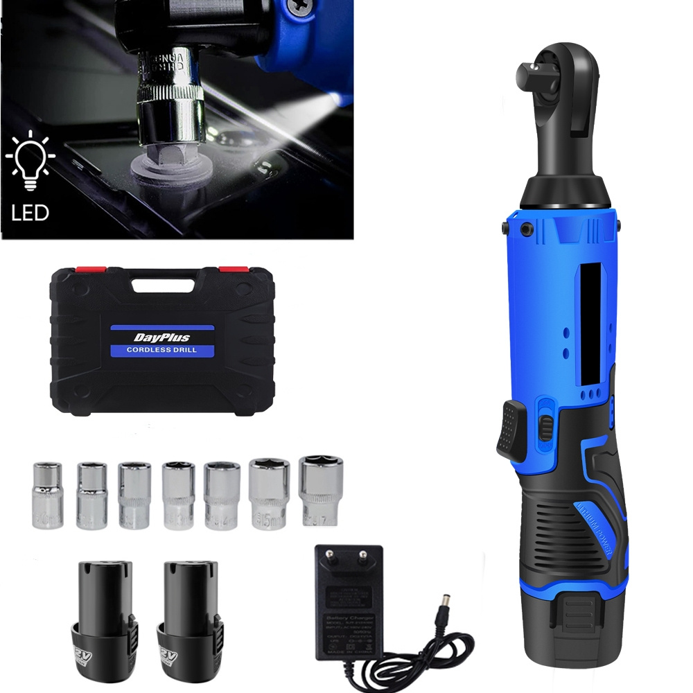 E-shop Akku-Ratsche Elektrischer 3/8" 12V Ratschenschlüssel Kit mit 2x1500mAh Akkus und Ladegerät, 7 Steckdosen, 2300RPM Variable Geschwindigkeiten