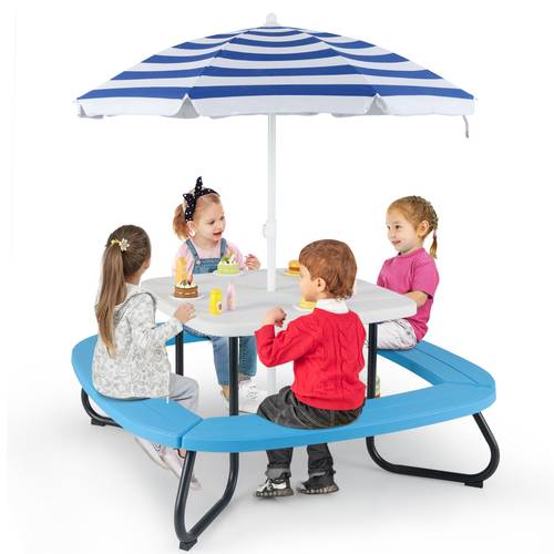 kids white picnic table set 8 seat indoors outdoors activity table for children w adjustable folding umbrella 4 built in benches hdpe patio table w metal frame for garden yard deck