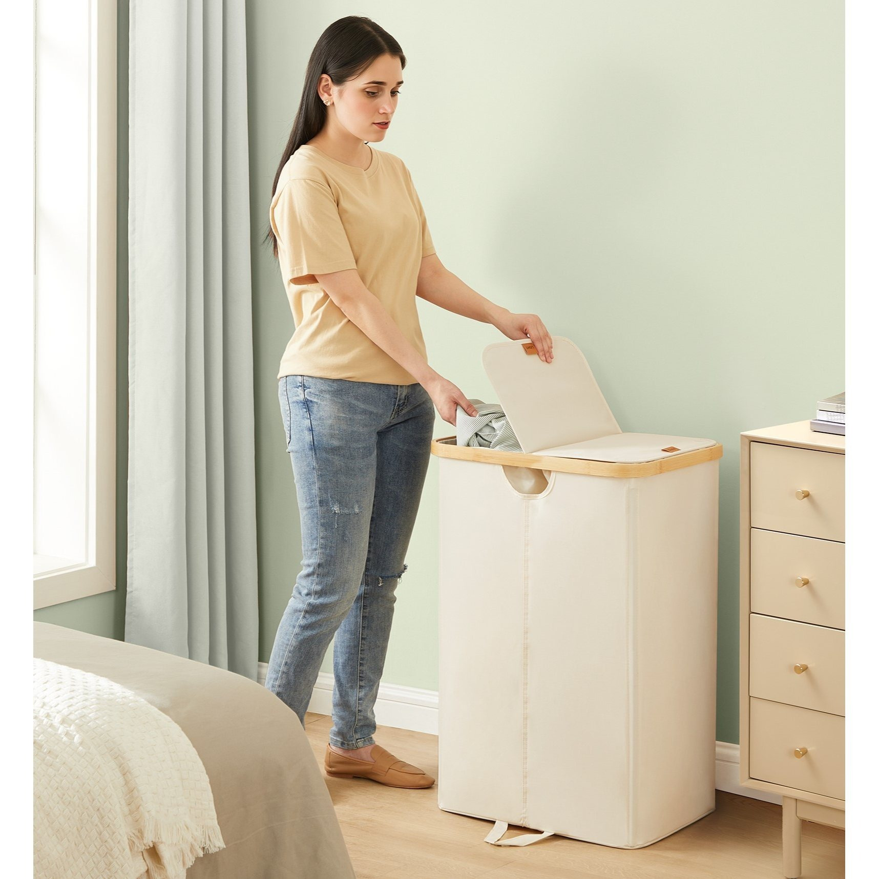 Image of Laundry Sorter With 2 Compartments, 150l Laundry Container, Removable Laundry Bags, For Laundry Room, With Lid, White-beige