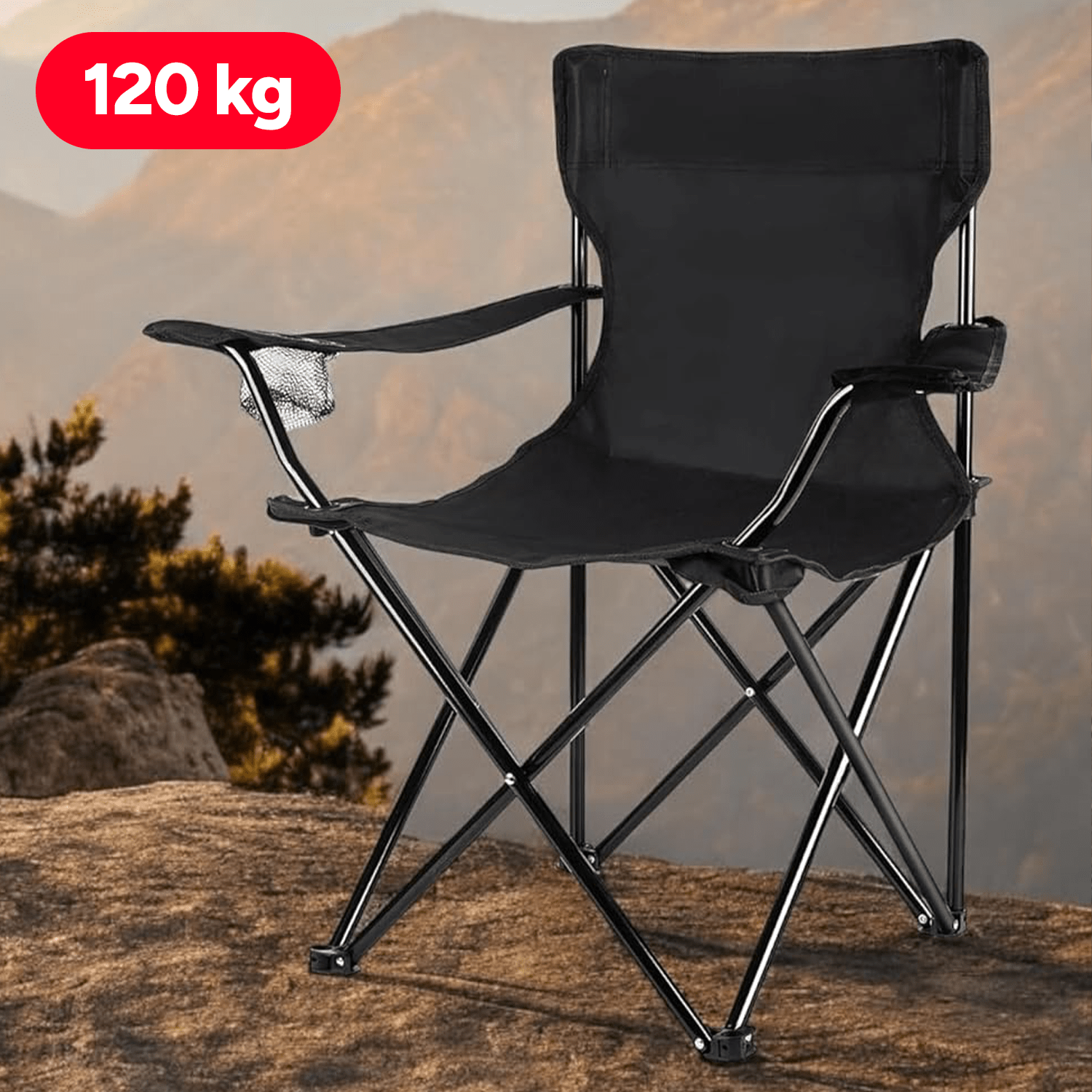 TEMU Chaise de camping pliante avec et accoudoirs, pour -, pêche et extérieur, résistante et compacte, 120 kg, 50X50X80 cm, noire