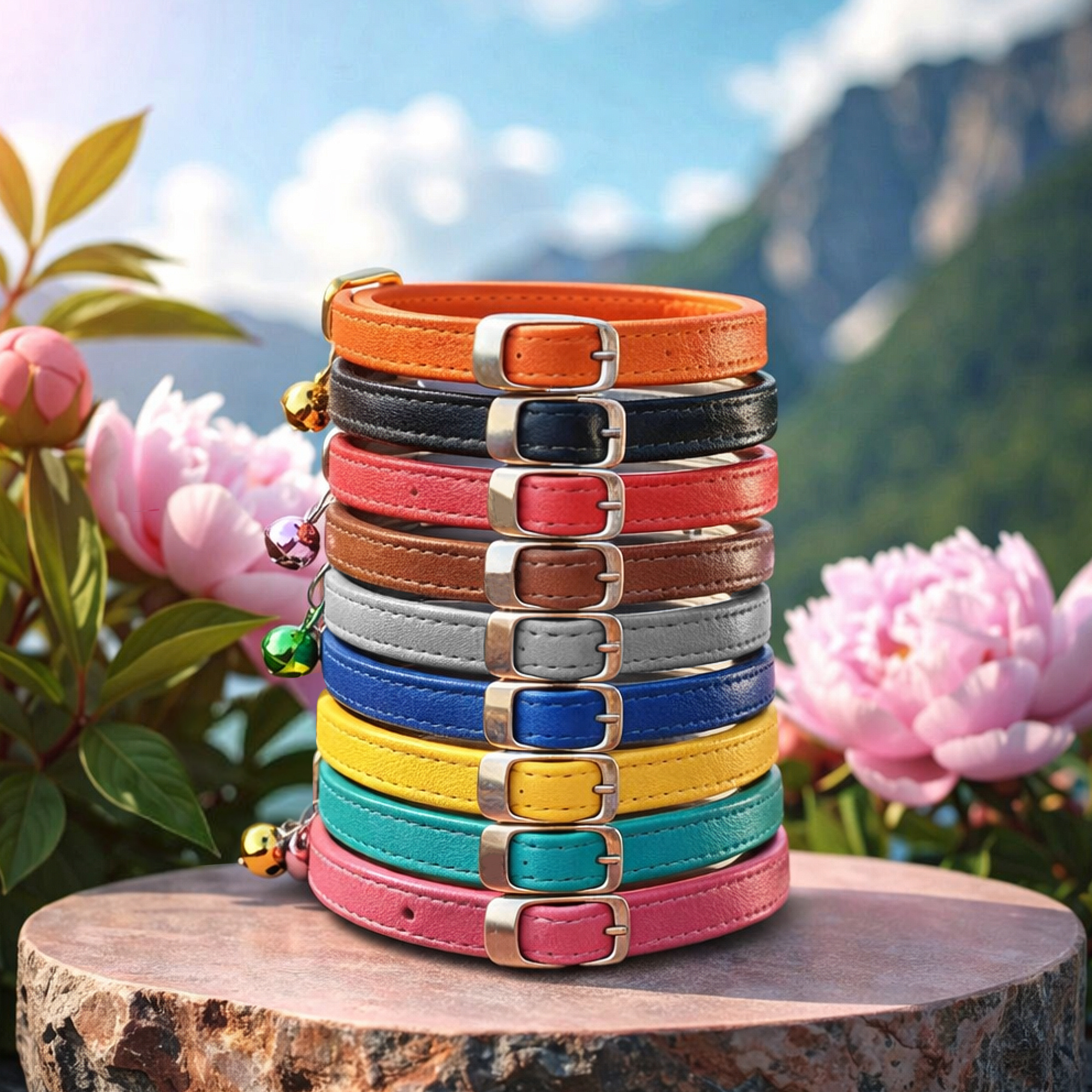Image of Personalized Rolled Leather Cat Collar With Elastic Safety Strap - Custom Engraved Round Leather Small Dog Collar - Anti-matting Fur Id Collar - Handmade Luxury Gift For Cats & Kittens