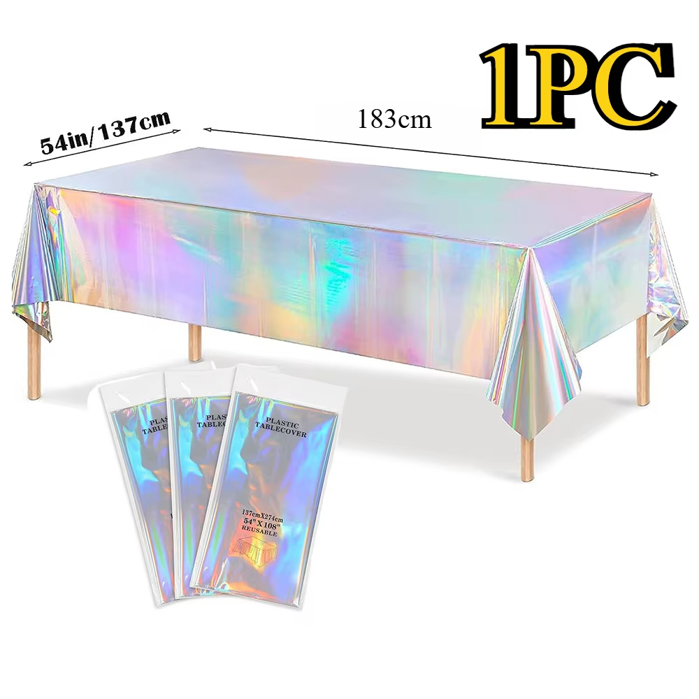 E-shop 1 Stück, silberfarbene, schillernde Tischdecke aus Plastik, Einweg, 137,16 × 183 cm, glänzende holographische Folientischdecke,