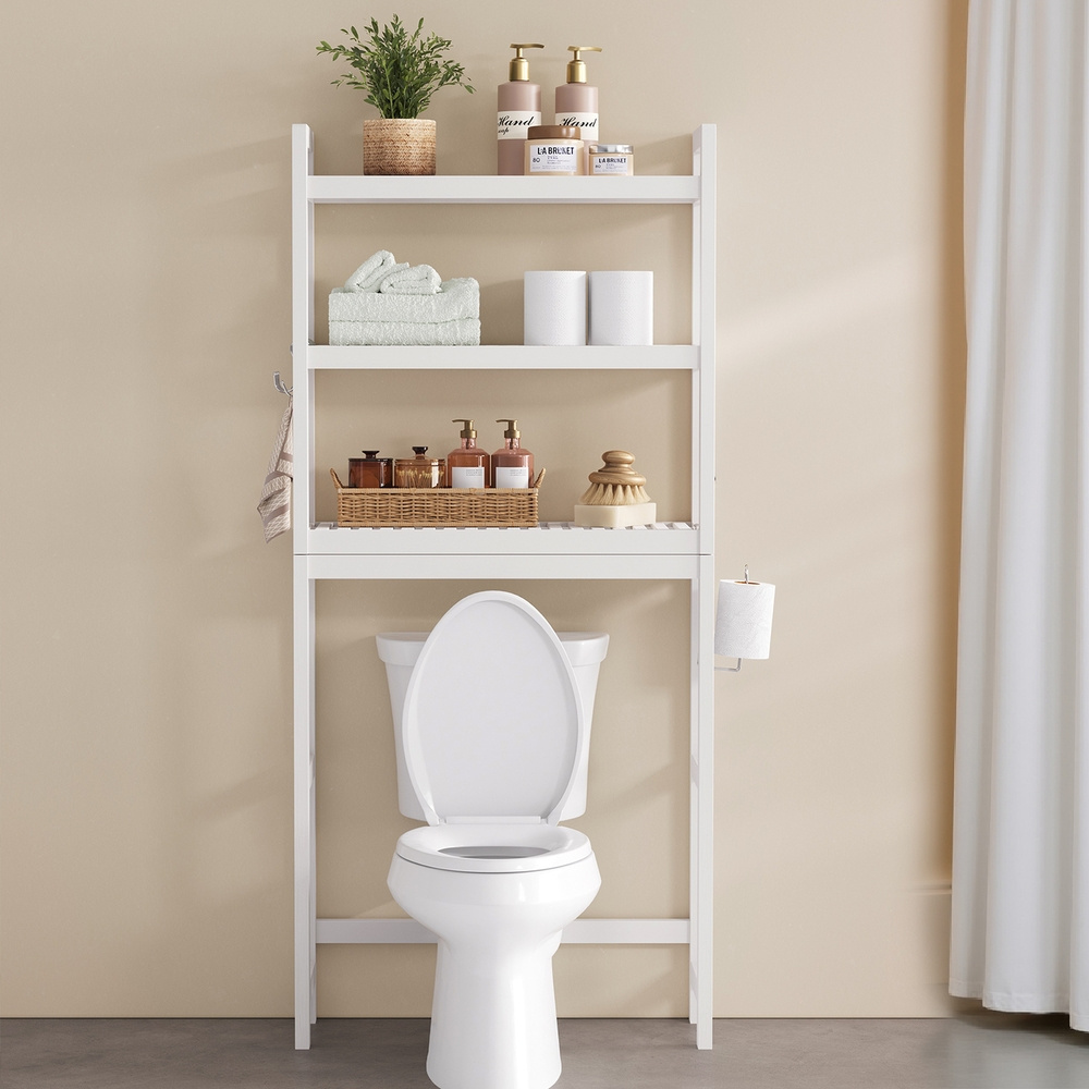 Toilet Shelf, Bathroom Shelf, Washing Machine Shelf, 3 Levels, Bamboo Bathroom Shelf, Adjustable Storage, Space-, White