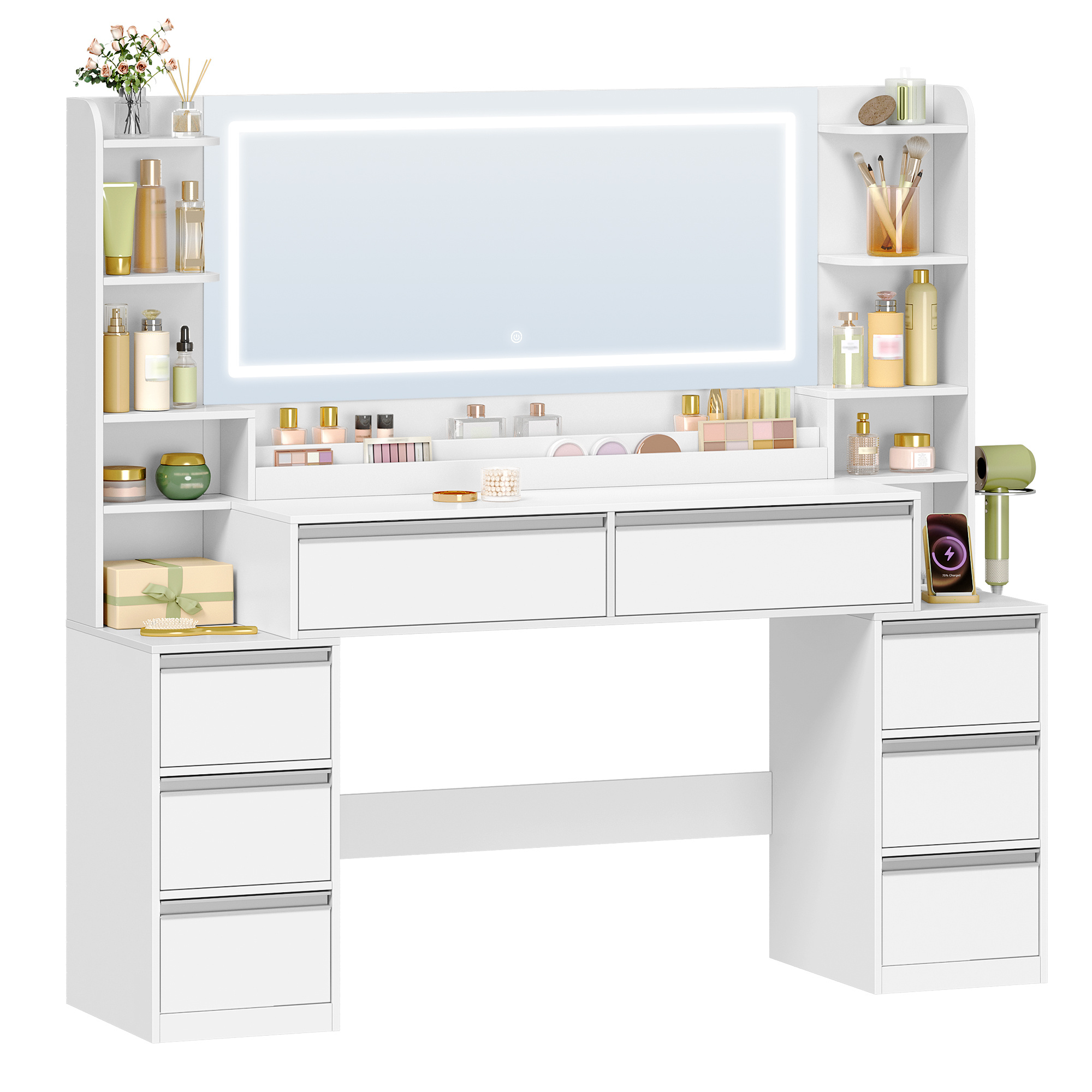 TEMU Tavolo da trucco con specchio 150 cm, scrivania da toeletta, luci LED regolabili a 3 colori, tavolo da trucco con presa, porta asciugacapelli, 8