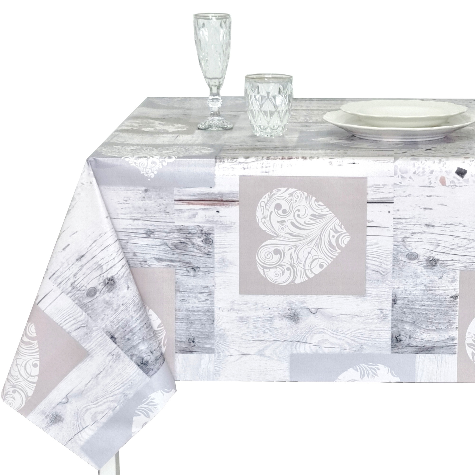 TEMU Mantel de PVC Antimanchas e Impermeable, Diseño Patchwork Madera con Corazones en y Beige, Fácil de Limpiar para Cocina y Comedor