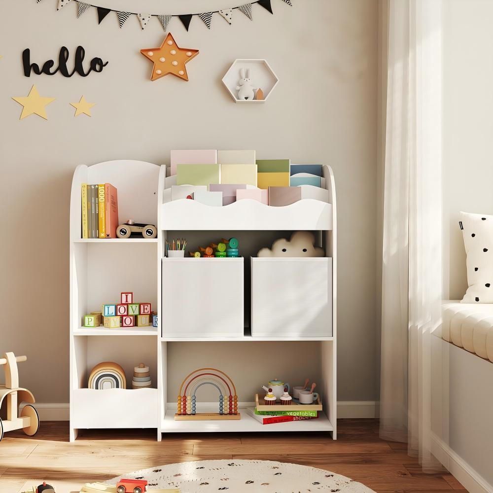 E-shop Bücherregal, Regal, mit 2 Aufbewahrungsboxen, für Bücher, Arbeitszimmer, Schlafzimmer, Wohnzimmer, weiß