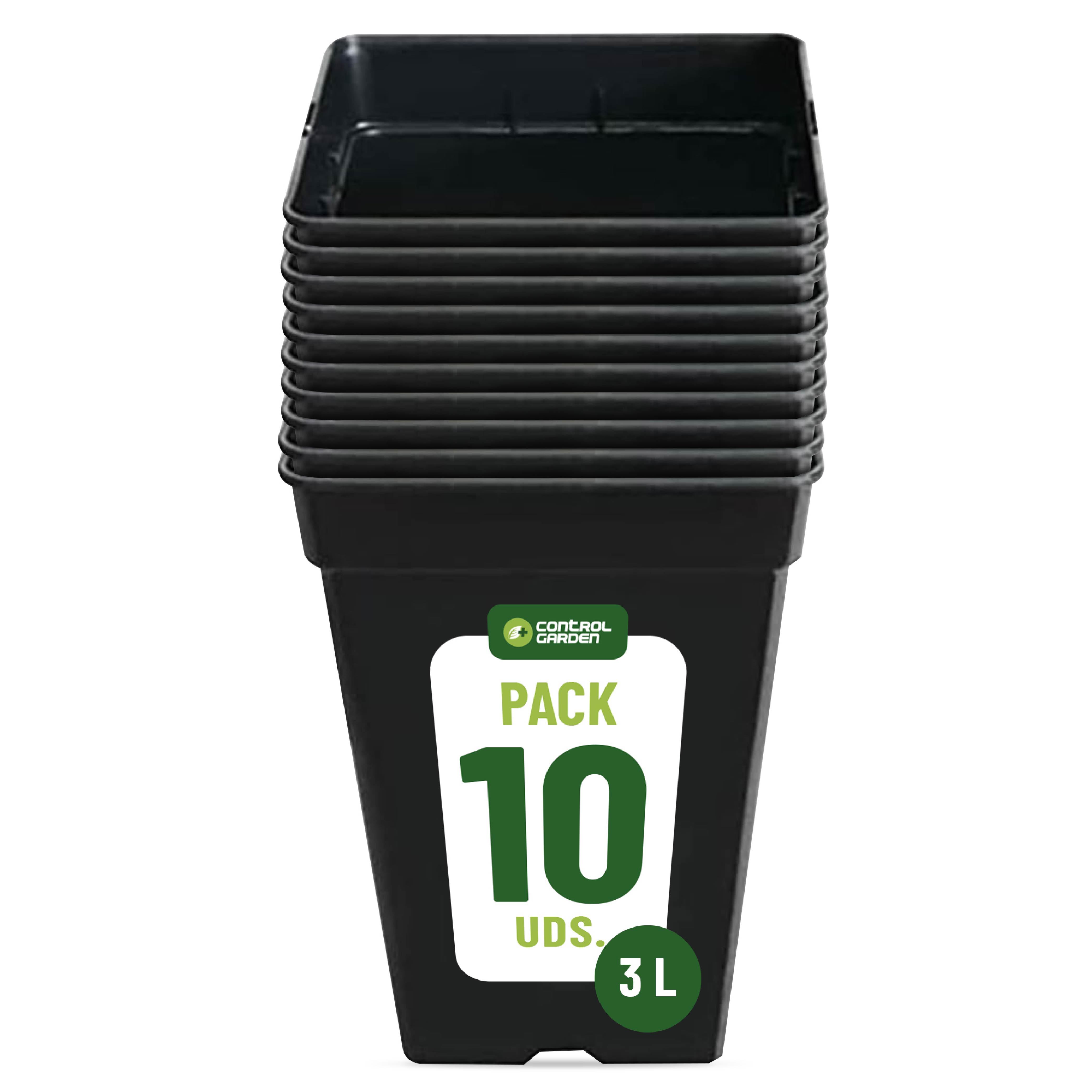 TEMU Pack de 10 Cuadrada 3 Litros Control Garden | Macetero Plástico Reciclado 15x20 cm para Plantas de Interior y Exterior, Semillas y Cultivo |