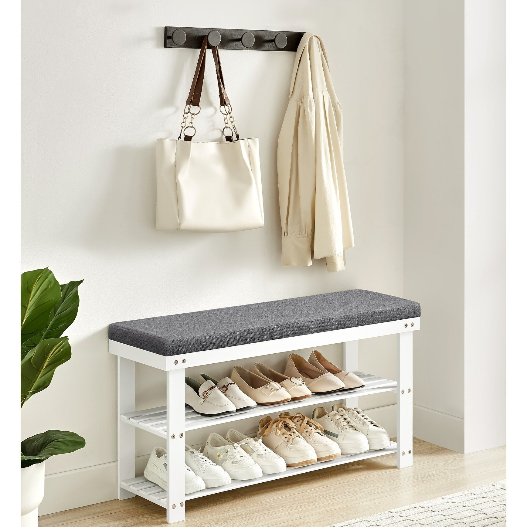 Image of Three-tier Bamboo Shoe Bench In And For The Entryway Or Living Room. The Seat Surface Supports Up To . 136 Kg. Dimensions: 35.4 Inches Length, 11.9 Inches Depth, 19.2 Inches Height
