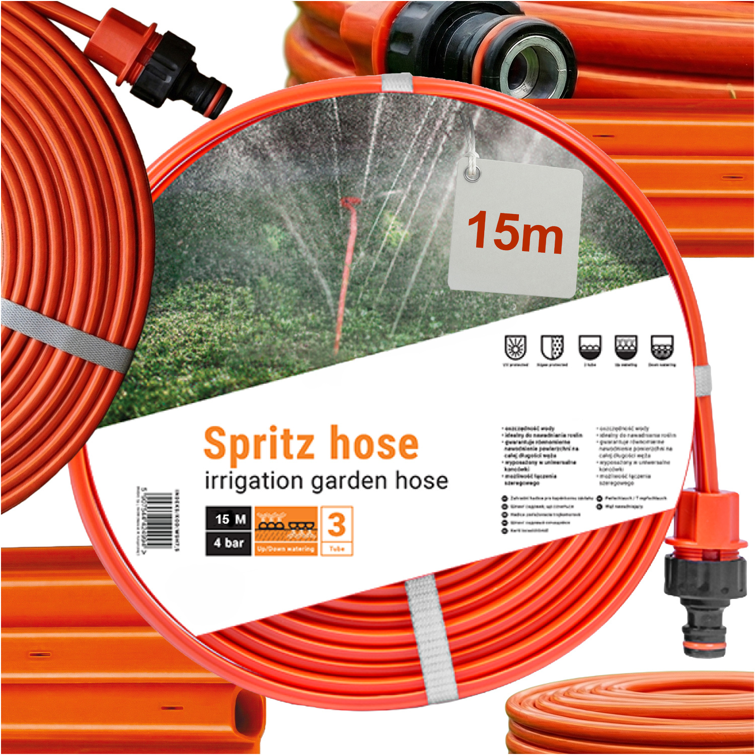 E-shop Gartenbewässerungs-Sprinklerschlauch 15 m 1/2 Zoll mit drei Lochreihen, perforierter Schlauch für gleichmäßiges Gießen von Rasenflächen,