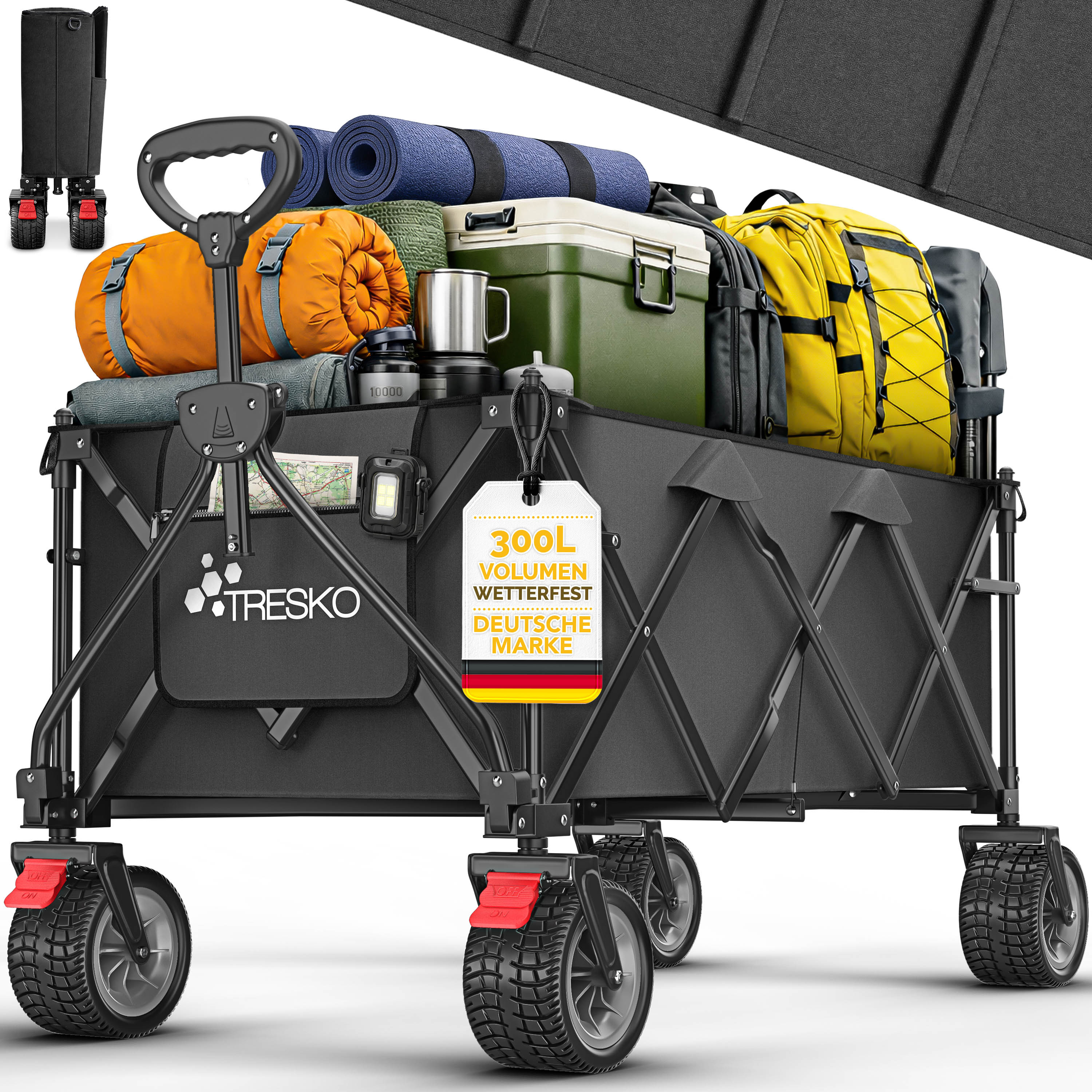 TEMU Tresko® Foldable Handcart 300l With Brake | Collapsible Hand Truck 150kg Incl. Solid Rubber Tires | Foldable Beach Cart With Extra Wide Wheels |
