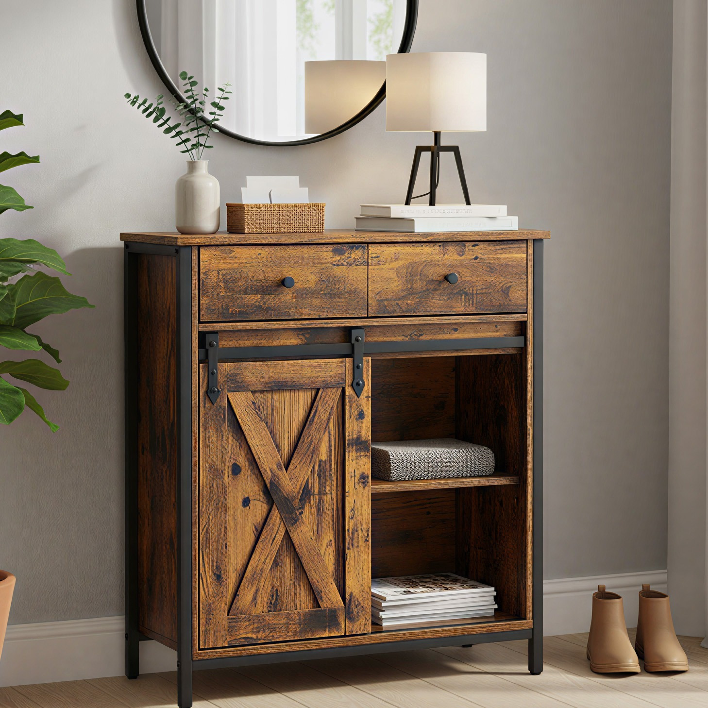 Storage Cabinet 30 X 70 X 80 Cm, Sideboard, Kitchen Cabinet, With Sliding Door, Drawer, And 4 Bins At , Adjustable Shelf, Rustic Style, Storage For Kitchen, Living Room, Bedroom, Hallway