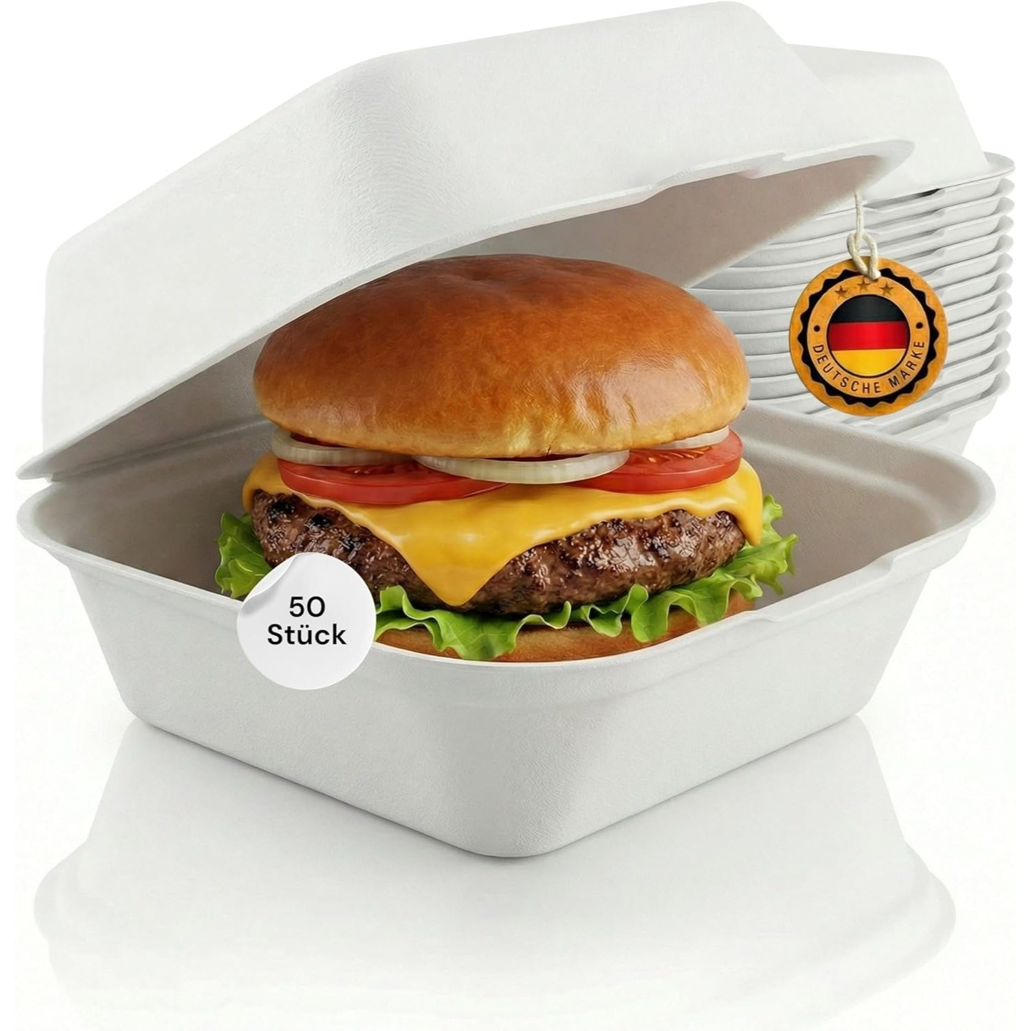 Image of 50xtakeaway Boxes, White | 152 X 150 X 78 Mm | Made From Sugarcane | Lunch Box, Hamburger Box, Food Container | Disposable Food Container |, Leak-proof
